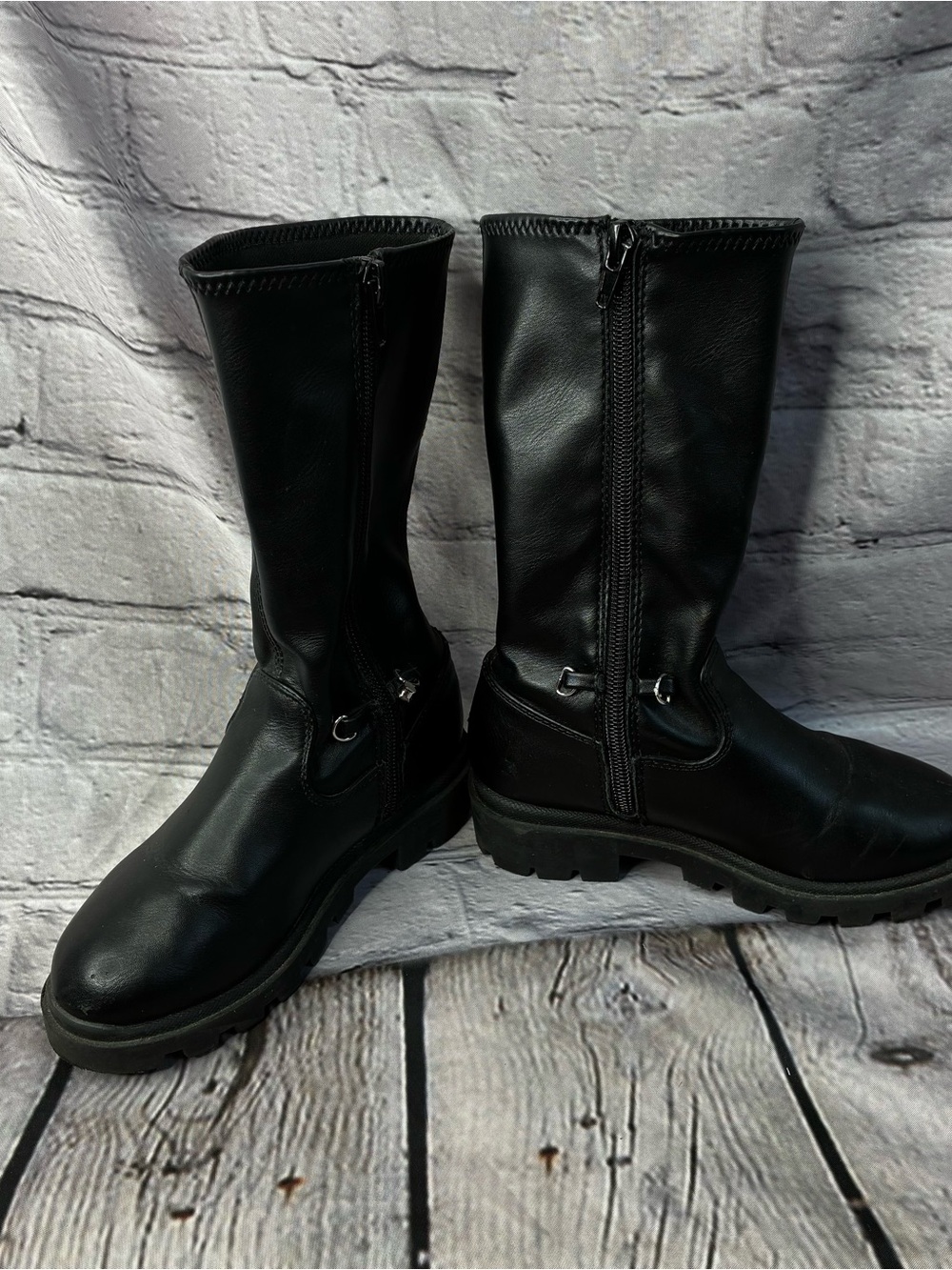 Steve Madden Girls Black Mid-Calf Zip-Up Pleather Lug Sole Boots Sz 11 AS IS GUC - Picture 8 of 11